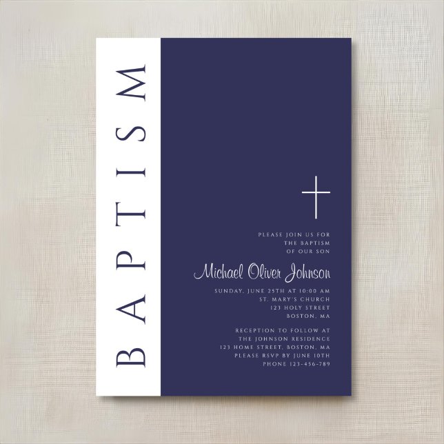 Modern Elegant Navy Blue Cross Baptism Invitation (Modern Elegant Navy Blue Cross Baptism Invitation)