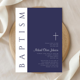 Modern Elegant Navy Blue Cross Baptism Invitation