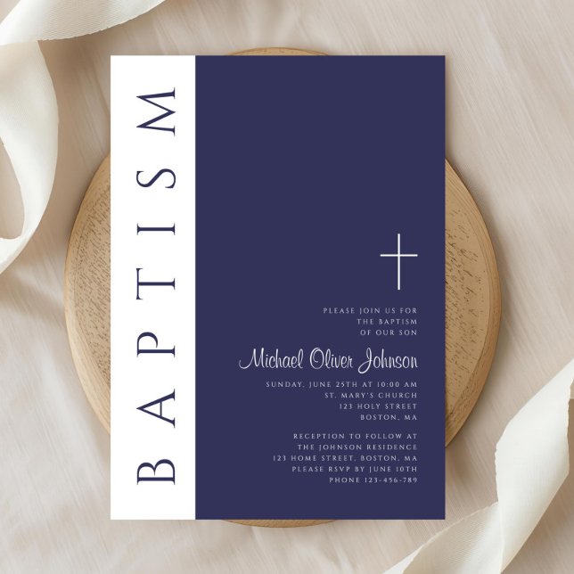 Modern Elegant Navy Blue Cross Baptism Invitation (Modern Elegant Navy Blue Cross Baptism Invitation)