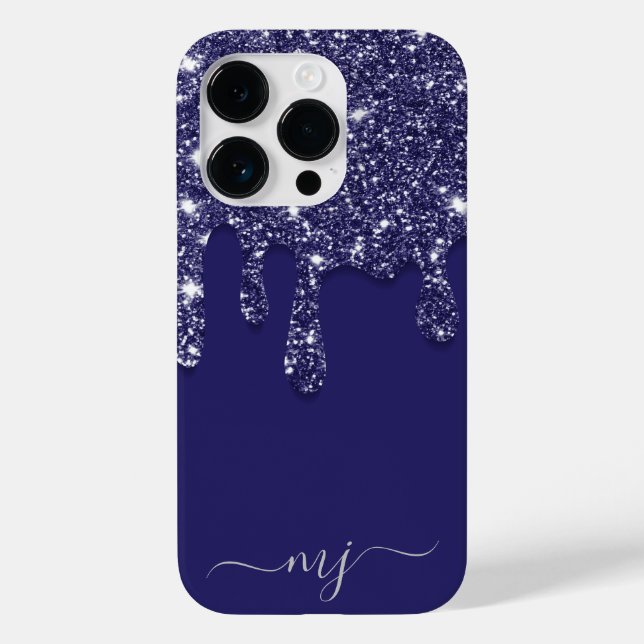 Modern Elegant Navy Blue Glitter Dripping Case-Mate iPhone Case (Back)