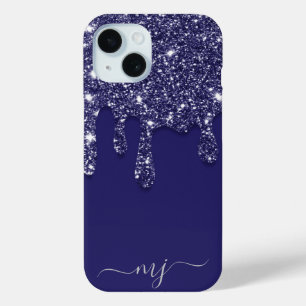 Modern Elegant Navy Blue Glitter Dripping iPhone 15 Case