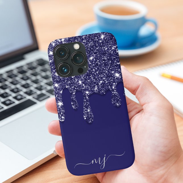 Modern Elegant Navy Blue Glitter Dripping Case-Mate iPhone Case (Creator Uploaded)