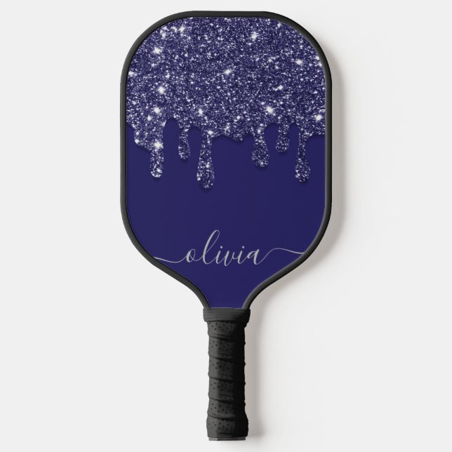 Modern Elegant Navy Blue Glitter Dripping Pickleball Paddle (Front)
