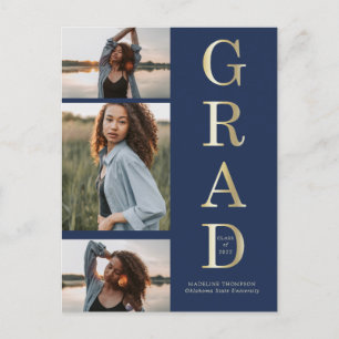 Modern Elegant Navy Blue Gold 3 Photo Graduation Postcard