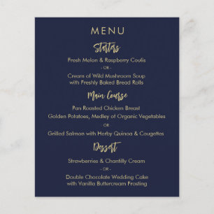 Modern Elegant Navy Blue Gold Wedding Menu Card