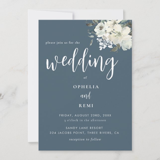 Modern Elegant Navy Blue Ivory Floral Wedding   Invitation (Front)