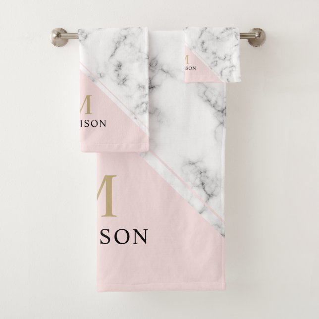 Modern elegant navy blue marble monogram bath towel set (Insitu)