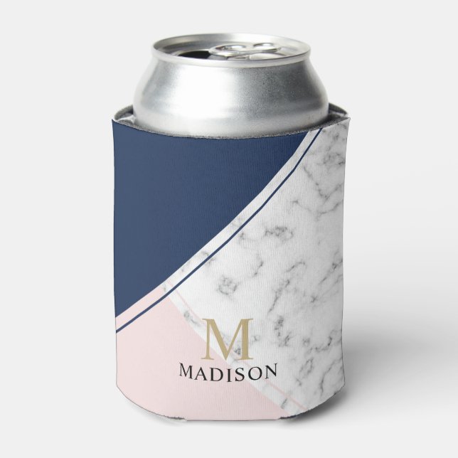 Modern elegant navy blue marble monogram can cooler (Can Front)