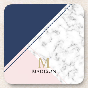 Modern elegant navy blue marble monogram coaster