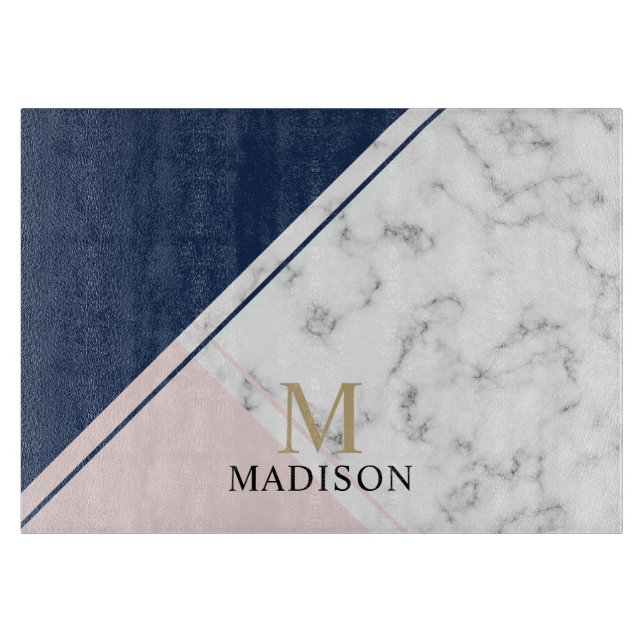 Modern elegant navy blue marble monogram cutting board (Front)