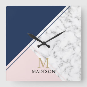 Modern elegant navy blue marble monogram square wall clock