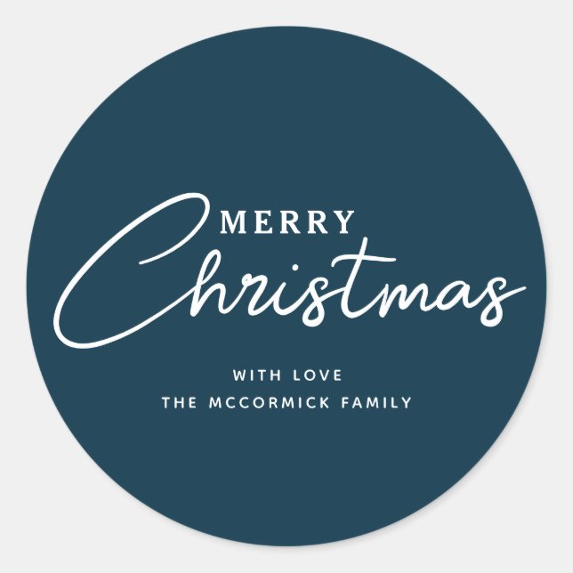 Modern Elegant Navy Blue Merry Christmas Name Classic Round Sticker (Front)