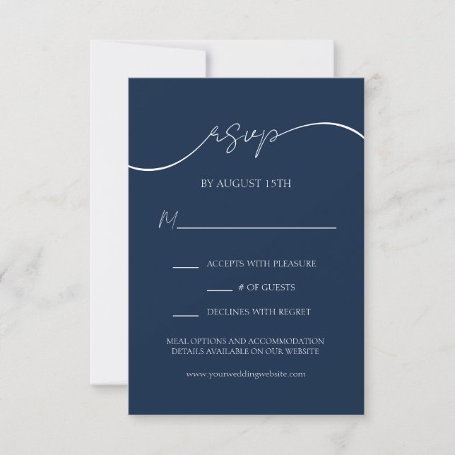 Modern Elegant Navy Blue Script Wedding RSVP Card (Front)