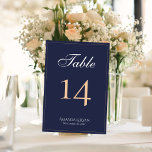 Modern Elegant Navy Blue Script Wedding Table Number<br><div class="desc">Modern Elegant Navy Blue Script Wedding Table Number. The card is modern and elegant in dark blue with a thin border and a script in white and peach colours. Customize each card separately for each table number and put it separately in your cart. Personalize all the text on the table...</div>