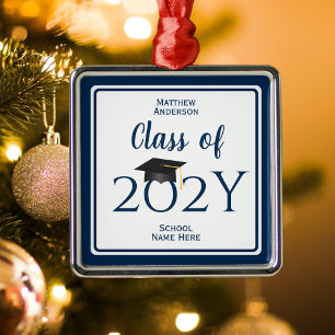 Modern Elegant Navy Blue Typography Graduation Metal Ornament