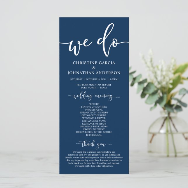 Modern elegant Navy Blue, Wedding Ceremony  Progra Program (Standing Front)