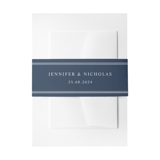 Modern Elegant Navy Blue Wedding Invitation Belly Band (Front Example)