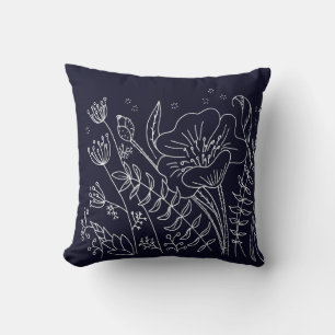 Modern Elegant Navy Blue White Flowers Throw Pillow