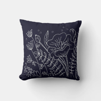 Modern Elegant Navy Blue White Flowers Throw Pillow