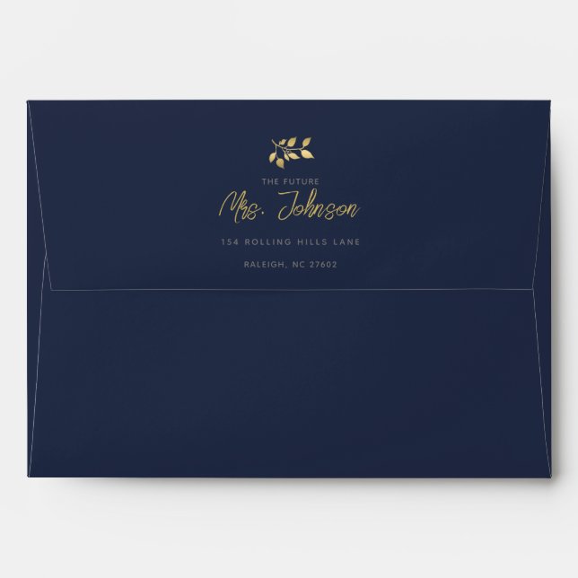 Modern Elegant Navy Gold Wedding Return Address Envelope (Back (Top Flap))