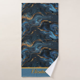 Modern Elegant Navy Marble Art Faux Gold Glitter  Bath Towel Set