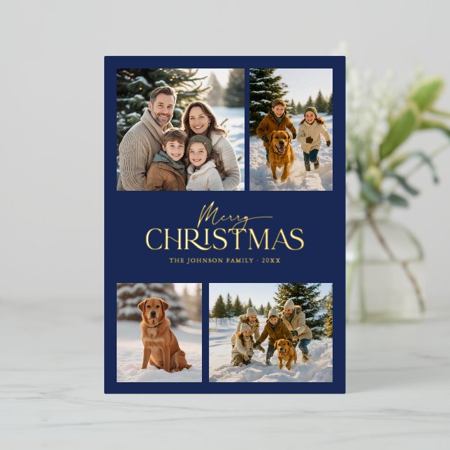 Modern Elegant Navy Merry Christmas Family Photo  Foil Holiday Card (Standing Front)