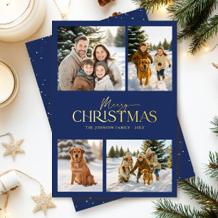 Modern Elegant Navy Merry Christmas Family Photo Foil Holiday Card
