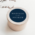 Modern Elegant Navy Personalized Wedding Classic Round Sticker<br><div class="desc">Seal your invitation envelopes or favours with our elegant wedding stickers. The custom wedding stickers feature your names in a white calligraphy script with a navy blue background or colour of your choice. Design coordinates with our Modern Elegance wedding collection.</div>