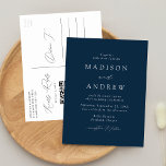 Modern Elegant Navy QR Code Wedding Invitation Postcard<br><div class="desc">Minimalist, modern wedding invitation postcard featuring your wedding details in white lettering with calligraphy script accents. The navy background can be changed to a colour of your choice. Personalize the back of the chic wedding invitation postcard with your return address, desired response date, wedding website, and instructions for guests using...</div>