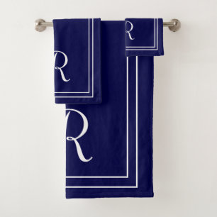 Modern Elegant Navy & White Monogram Bath Towel Set