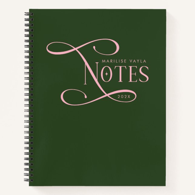 Modern Elegant Notes Personalized Green Pink Notebook (Front)