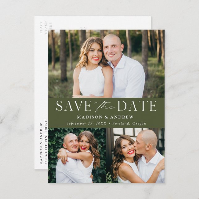 Modern Elegant Olive Green 3 Photo Save the Date Announcement Postcard (Front/Back)