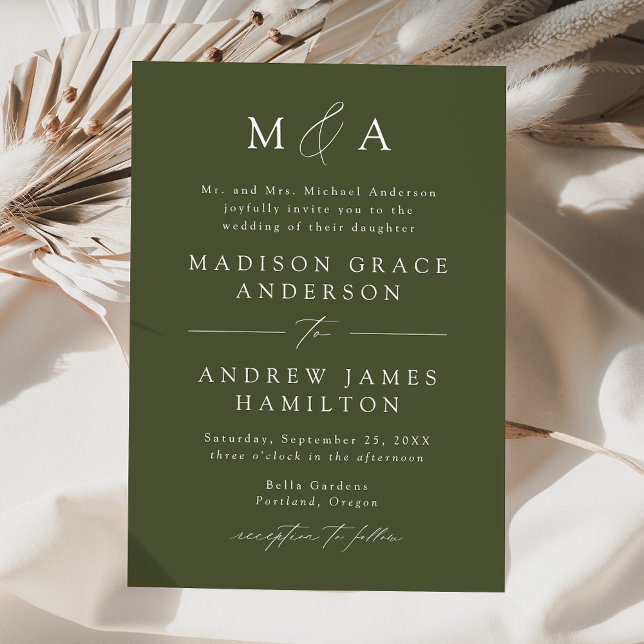 Modern Elegant Olive Green Monogram Wedding Invitation (Creator Uploaded)