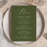 Modern Elegant Olive Green Wedding Menu<br><div class="desc">Simple and elegant wedding menu featuring "Menu" displayed in a modern white script with an olive green background or colour of your choice. Personalize the olive green wedding menu by adding your names,  wedding date,  and menu information. Designed to coordinate with our Modern Elegance wedding collection.</div>