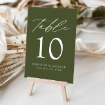 Modern Elegant Olive Green Wedding Table Number<br><div class="desc">Trendy, minimalist wedding table number cards featuring white modern lettering with "Table" in a modern calligraphy script. The design features an olive green background or colour of your choice. The design repeats on the back. To order the table cards: add your name, wedding date, and table number. Add each number...</div>