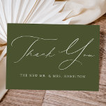 Modern Elegant Olive Green Wedding Thank You Card<br><div class="desc">Elegant wedding thank you card featuring "Thank You" in a white calligraphy script with your last name displayed below with an olive green background. The elegant wedding thank you card reverses to display your custom thank you message and first names in white lettering. Design coordinates with our Modern Elegance wedding...</div>