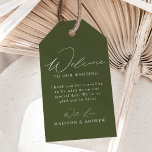 Modern Elegant Olive Green Wedding Welcome Gift Tags<br><div class="desc">These elegant calligraphy wedding welcome gift tags are perfect for both casual and formal weddings. The design features a modern white calligraphy script with an olive green background or colour of your choice. Personalize the olive green wedding welcome gift tags with a short welcome message, your names, etc. The minimalist...</div>