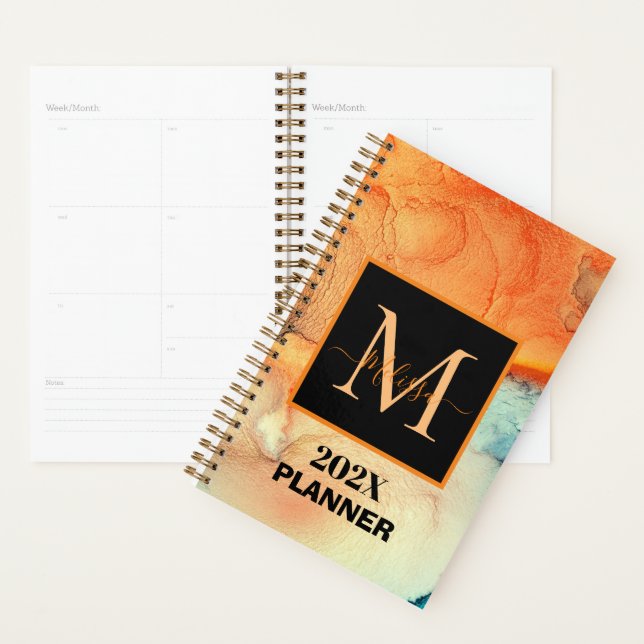 Modern Elegant Orange Marbled Monogram Planner (Display)