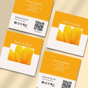 Modern Elegant Orange White Floral Nail Artist Square Business Card