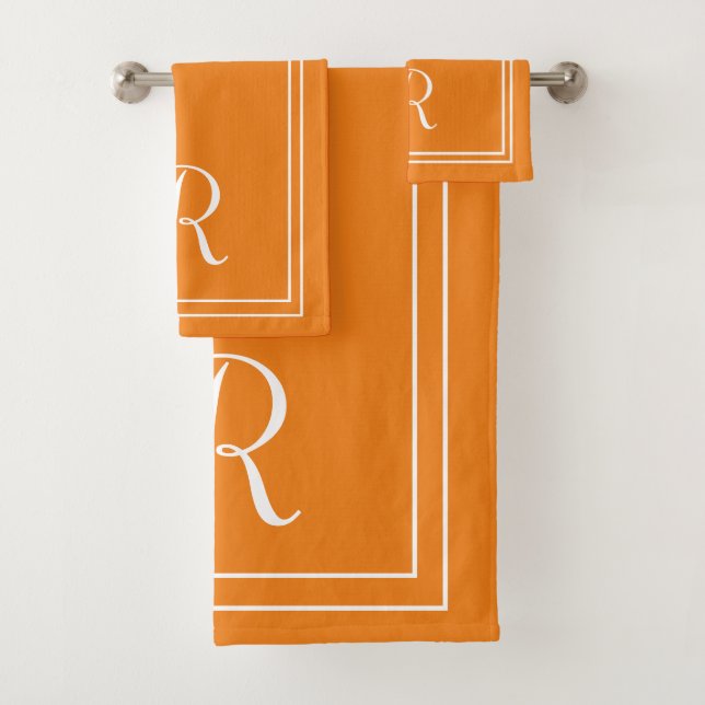 Modern Elegant Orange & White Monogram Bath Towel Set (Insitu)