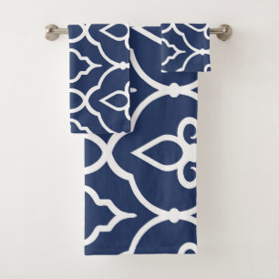 Modern, elegant ornaments in navy blue, white bath towel set
