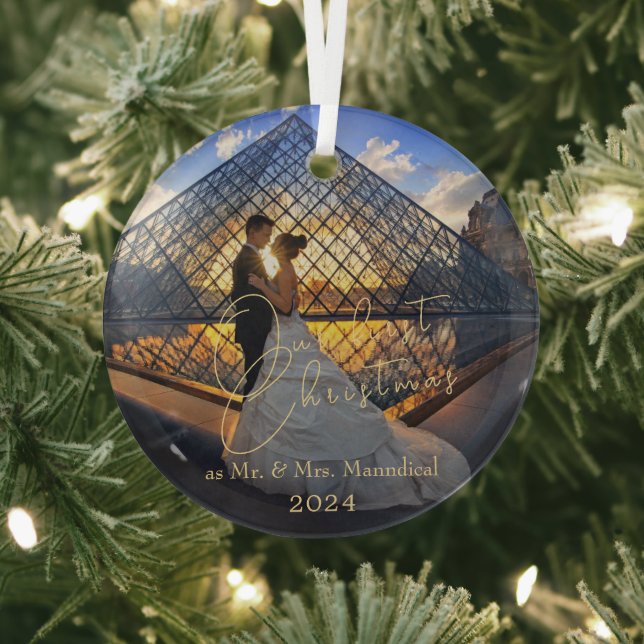 Modern Elegant Our First Christmas Mr. Mrs. Photo Glass Ornament (Insitu)