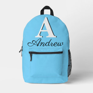 Modern Elegant Pale Cyan Monogram Printed Backpack