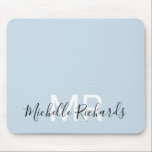 Modern elegant pastel blue monogram script mouse pad<br><div class="desc">Modern elegant pastel blue monogram script mouse pad. Simple,  clean monogrammed personalized desk mouse pad with your initials and name. Font and text colours are fully customizable.</div>