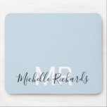 Modern elegant pastel blue monogram script mouse pad<br><div class="desc">Modern elegant pastel blue monogram script mouse pad. Simple,  clean monogrammed personalized desk mouse pad with your initials and name. Font and text colours are fully customizable.</div>
