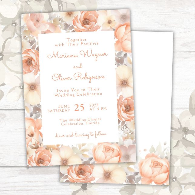 Modern Elegant Peach Beige Floral Wedding Invitation (Creator Uploaded)