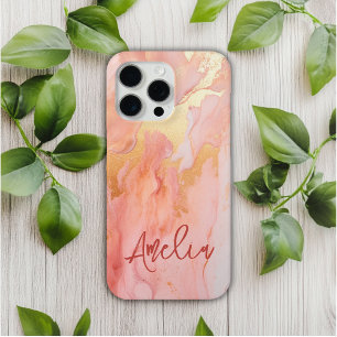 Modern Elegant Peach Gold Marble Personalized Name iPhone 15 Pro Max Case