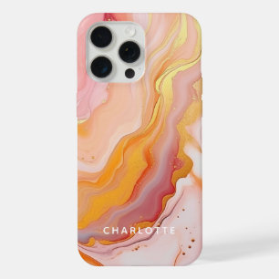 Modern Elegant Peach Gold Marble Personalized Name iPhone 15 Pro Max Case