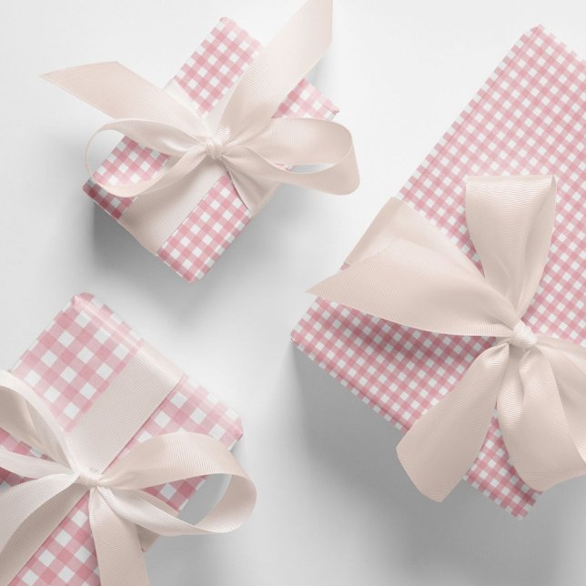 Modern Elegant Peach Pink Gingham Check Pattern  Wrapping Paper Sheet (Peach pink gingham wrapping paper. Elegant peach pink and white gingham checks pattern gift wraps.)