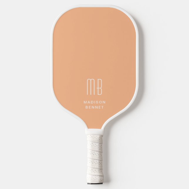 Modern Elegant Peach Pink Monogram Pickleball Paddle (Front)